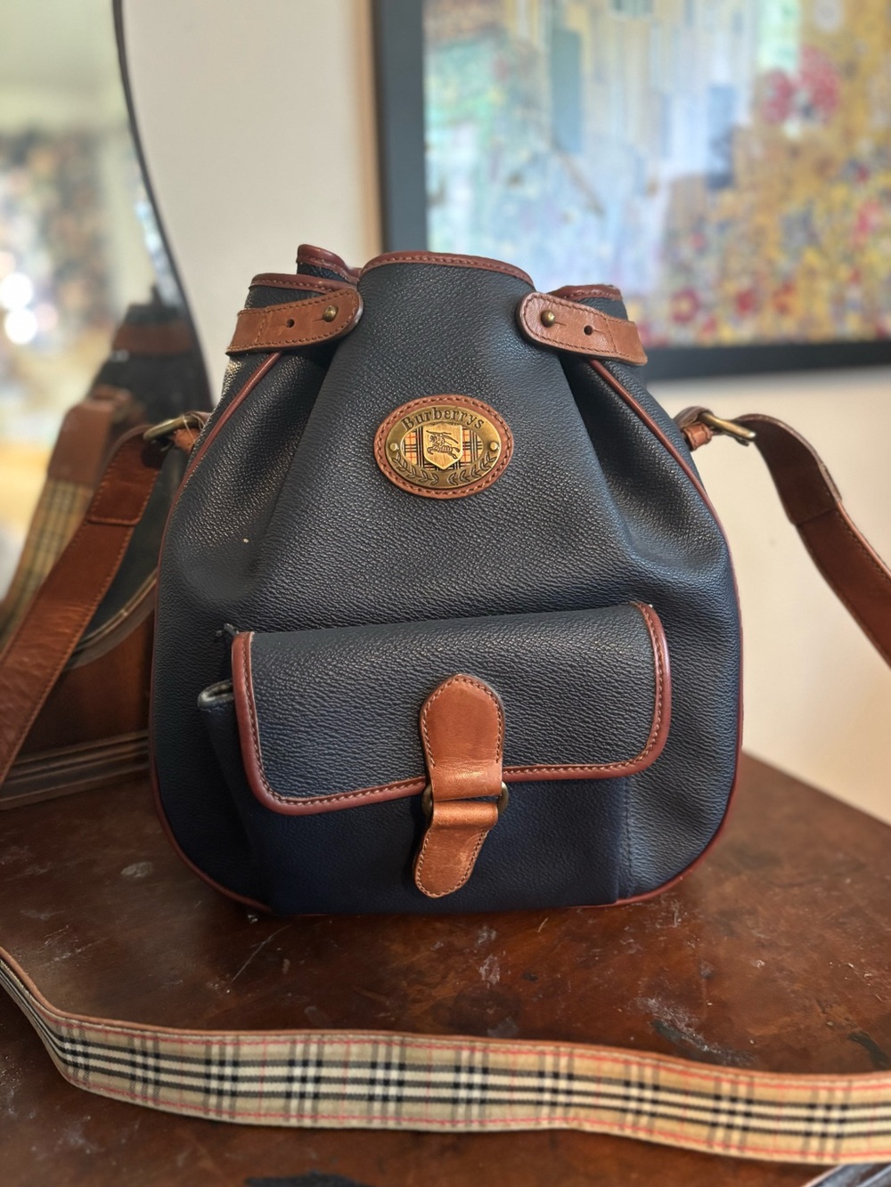 Vintage Burberrys Bucket Bag | Made in Italy | Navy & Tan Leather | Crossbody